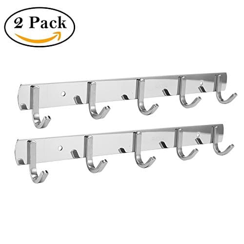2 Packs,Efaithtek Wall Mounted Coat Hook Rail 14.3-Inch SUS304 Stainless Steel Coat Bath Towel Hook Hanger with 5 Hooks,Mirror finish