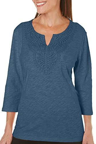 Coral Bay Petite Crochet Neckline Solid Top Small Petite Bering Sea Blue