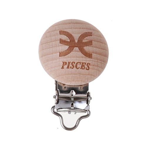 Shoresu 12 Twelve Constellations Pacifier Clip Zodiac Beech Wood Dummy Clips for Baby Pisces