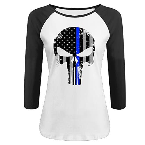 Women's Thin Blue Line The Punisher Logo 100% Cotton 3/4 Sleeve Athletic Baseball Raglan Shirt Black US Size XL