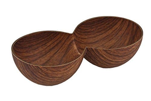 Wood-like Plastic Divided Round Serving Bowl -2 Compartment- 19.5x10cm - Snack/Nuts/Chips/Tapas Dish (2 Compartments)