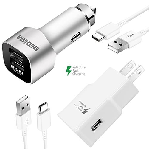 Samsung Galaxy S9 S8/S8 Plus/Note8 Adaptive Fast Charger USB Type-C Cable Kit {1 Wall Charger+ 1 SHiQiMa Quick Charger 3.0 Car Charger + 2 Type-C Cables Car Charger}