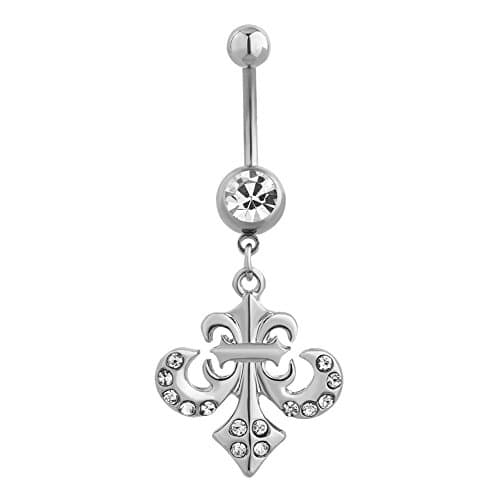 LuckyJewelry Fleur De Lis White Crystal Belly Button Body Ring 316L Surgical Steel Dangle Navel Rings for Sale