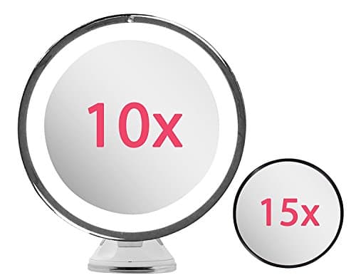 Lighted Makeup Mirror 10X Magnifying with True Daylight LED - Mount or Table Top - Touch + Dim - Cordless Home or Travel Vanity Bathroom Set w/ Bonus 15X Magnification Mirror & Microfiber Cloth