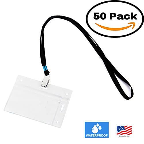 Pom Premium 50 Vertical and Horizontal Name Tag Holders with Lanyards, Sealable Waterproof Name Badge Holders with Black Clip Lanyards, 50 Set