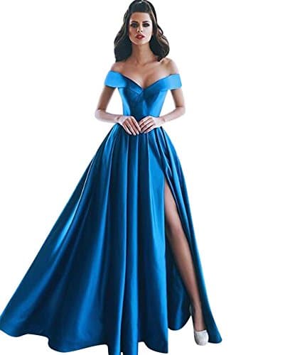 Harsuccting Off The Shoulder V-Neck Pleat Slit Long Satin Evening Prom Dress