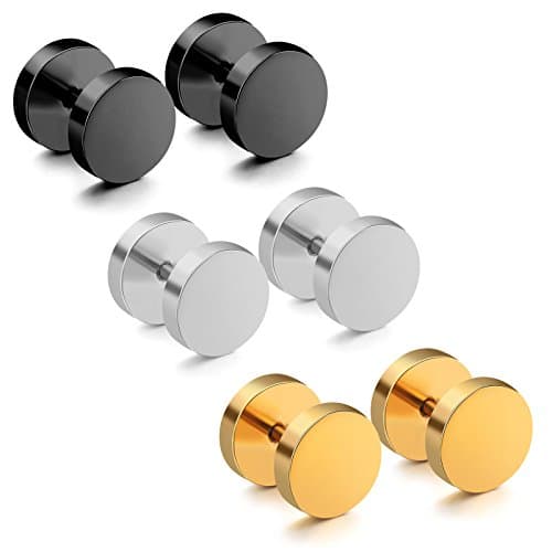 Modebox Unisex Stainless Steel Stud Earrings Cool Tunnel Ear Piercing Plug for Women Men (3 Pairs)