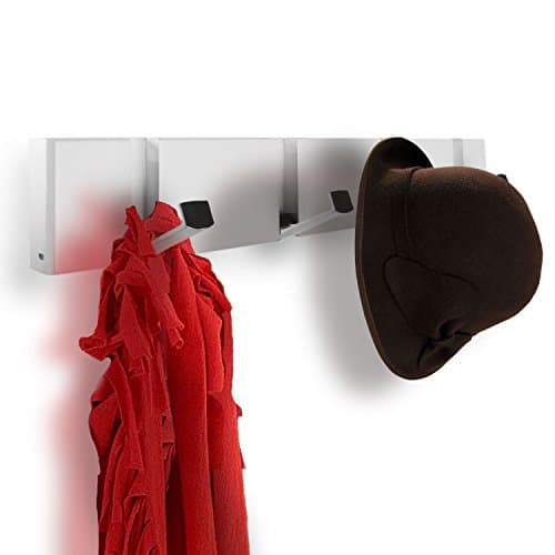 Hookiom 625W Flip Wall Mounted Coat and Hat Rack Hooks, 4 Satin Nickel Hooks/White Rail