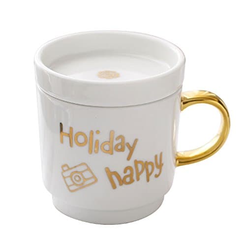 Fine Bone China Mug with Cover 10oz-Office Mug -Coffee Mug-Tea Cup-Milk Cup-Gift for Friends with Happy Holiday printed-YOSOU HOME