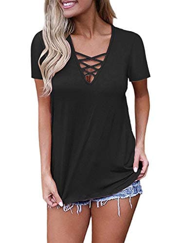 Adreamly Women's Short Sleeve Criss Cross V Neck Tops Basic Lace Up Blouse