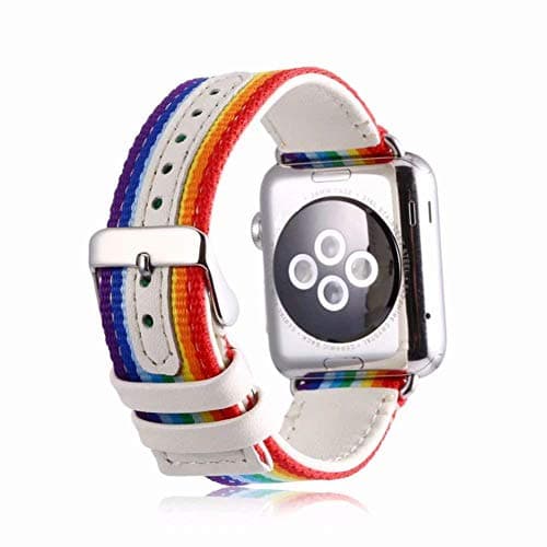 DAZE Nylon Bands Replacement for Apple Watch with Green and Red Striped and Embroidered Sport Bands for iWatch Series 4/3/2/1 (White-Rainbow 42/44)