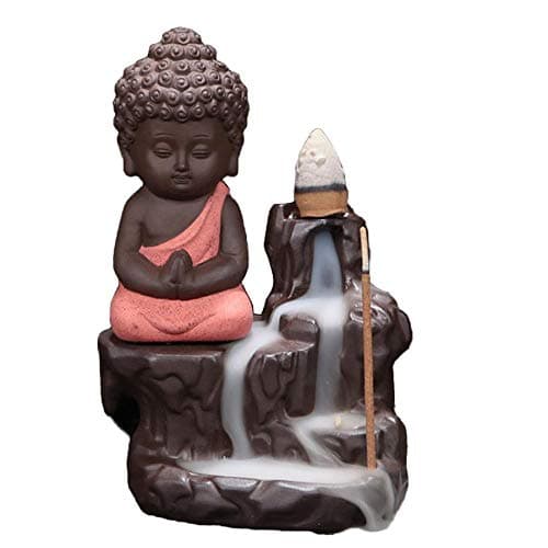 Buddha Backflow Incense Burner Handmade Incense Holder Ceramic Cone Incense Burner Monk Cone Holder for Home Decor (Light Yellow)
