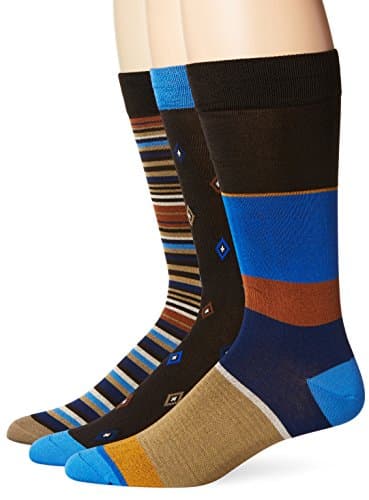 Tallia Men's Stripe Diamond Window Pane Crew Socks, Brown/Blue, One Size 10-13/Shoe Size 6-12 (Pack of 3)