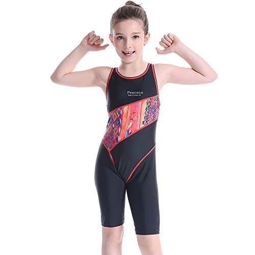 Peacoco Girls' Solid Splice Athletic One-Piece Swimsuits Racerback Competitive Legsuit