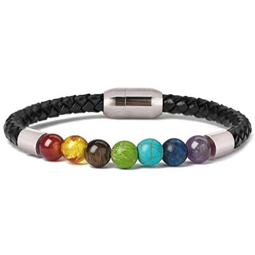 Ckysee 7 Chakra Lava Rock Bracelet Healing Balancing Genuine Leather Bracelets with Magnetic Clasp Tiger Eye Agate Howlite for Men