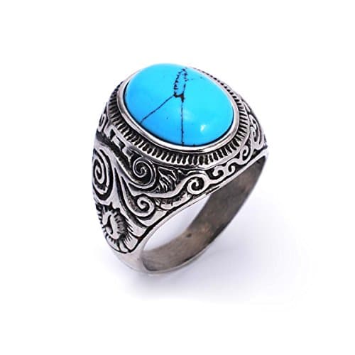 Mens Classic Retro Pattern Oval Genuine Turquoise Inlay Ring Size 7 to 13 (11)