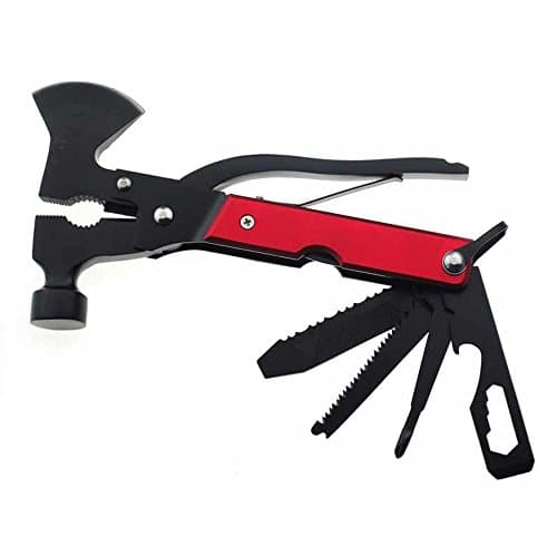 Portable Multi-Function Axe Hammer Knife Cutter Plier with Bottle Opener Multitools and Gadgets for Camping Emergency Car Tool Kit (Red)