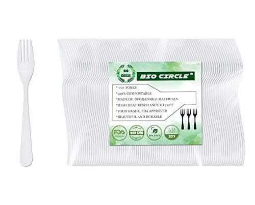150 Compostable Forks Disposable Cutlery Set by Bio Circle - 100% Biodegradable Heavyweight Utensils for Parties, Catering, Restaurant & Everyday Use (Milk White, 7.2 in.)