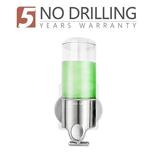 KRY Shower Soap Dispenser Single Chamber Wall Mounted NO DRILLING, for Dishwashing Liquid/Shampoo/Conditioner, Food Grade PC Plastic Bottles, Stainless Steel Panel, Zinc Metal T-bar, 15 oz x 1