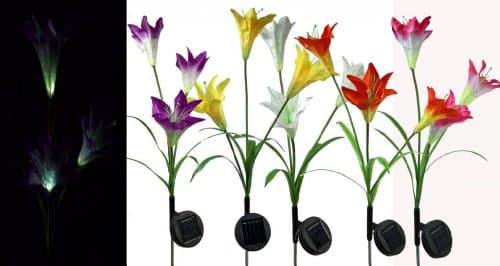 Solar Powered Light Up Lillies , Three Lillies Per Stake, Artificial Plant Lily For Potted Plant, Yard, or Garden Decoration, Choose Color and Quantity, Choose Color and Quantity , Five Pieces, White