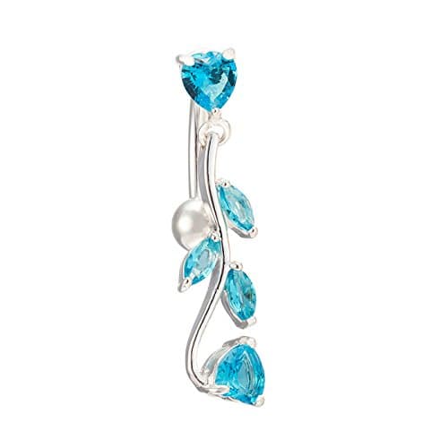 Butterme Elegant Leaf Design Dangle Belly Button Rings Body Piercing with Shining Cubic Zircon Gold Plated Sexy Navel Rings (Blue)
