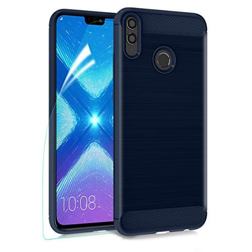 MMDcase for Huawei Honor 8X Case,Honor 8S Case with HD Screen Protector, Carbon Fiber Soft TPU Phone Case Brushed Texture Anti-Fingerprint Flexible Full-Body Protective Cover Shell, Navy