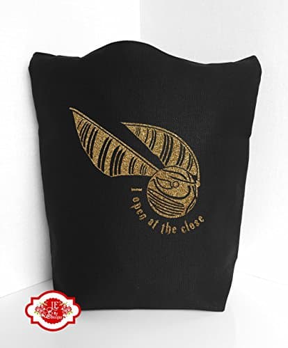 Snitch, I Open At The Close, Quiddich, Canvas Tote Bag Black and Gold Glitter Words. Also comes in Cream Canvas with Gold Glitter Lettering. Vinyl Lettering and Design by JEandMyDesigns