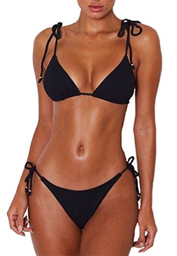 Fatty Tiger Womens Sexy Solid Color Tie Top Bottom Adjustable Skimpy Triangle Bikini String Swimsuit