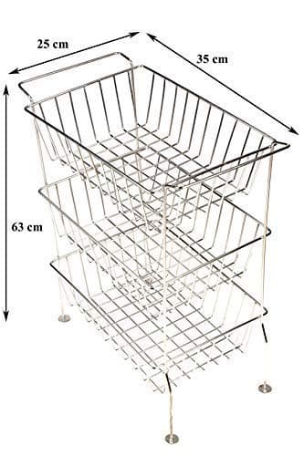 Gehwara Stainless Steel Fruit Rack Vegetable Trolley Kitchen Storage Rack 3 Tier Rectangle Shape Shelf (35x25x63 cms)
