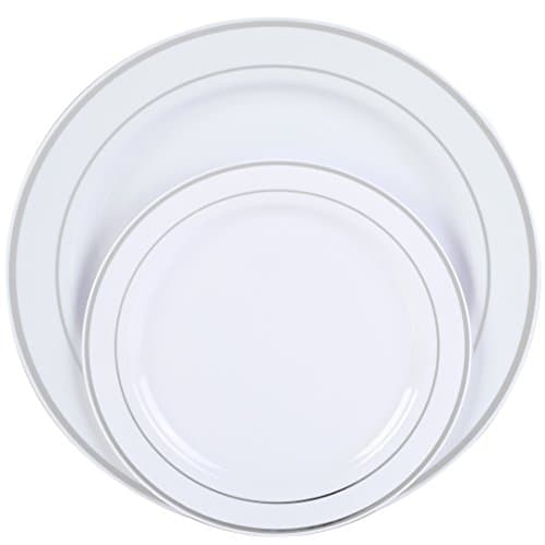 Premium Disposable Plastic Plates 50 Pack (25 x 10.5” Dinner + 25 x 7.5” Salad/Desert) White with Silver Rim by Finest Cutlery for Weddings, Parties, and Special Occasions.