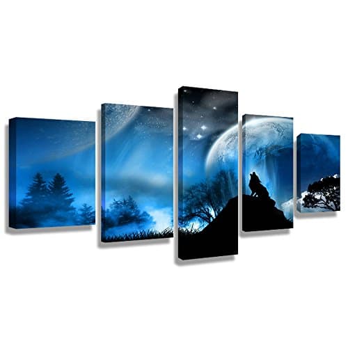 5 Panel Wall Art Painting Wolf Howled Under the Moon The Picture Print On Canvas Landscape Pictures For Home Decor Decoration Gift(60"W x 32"H, Framed) CrmArt