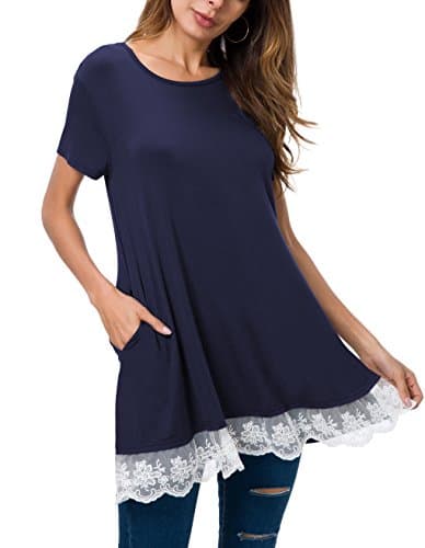 Mounblun Lace Casual Short Sleeve Flowy A Line Plus Size Tunic Dress (XX-Large, Shortsleeve-Navy Blue)