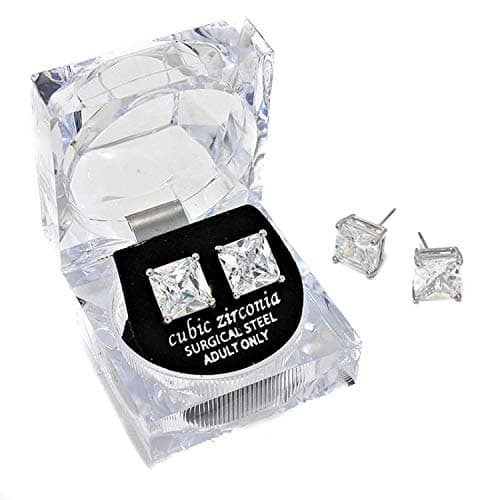 Essentials Plated Round and Square cut Cubic Zirconia Stud Earrings Stainless Steel with case Gold & Silver (3mm to 12mm)