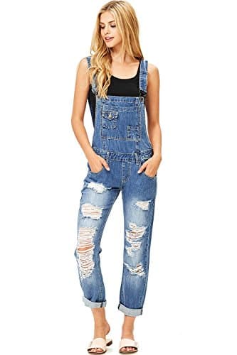 Machine Women's Juniors Loose Fit Distressed Overalls (M, Denim)