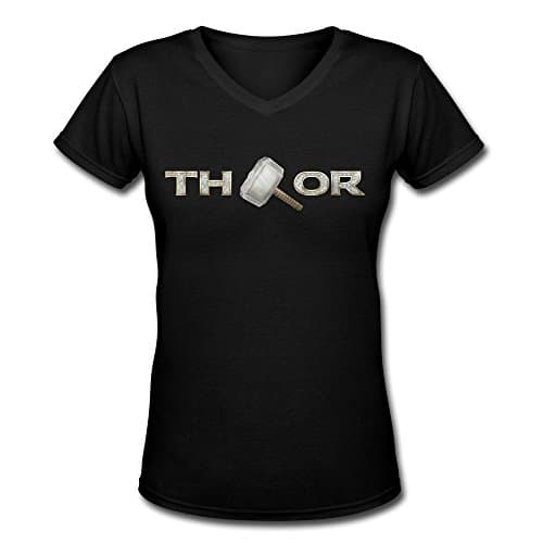 Women's Cool Graphic Design THOR LOGO Slim Fit V Neck Tee Shirt L Black