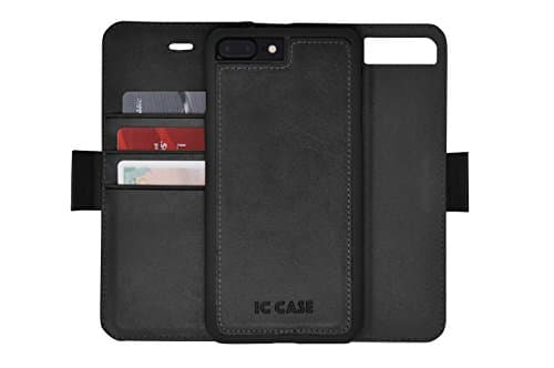 IC CASE Iphone 7 Plus Wallet Case with Detachable SlimCase, Genuine Leather, RFID Protection, H/V Stands, Gift Box - Black
