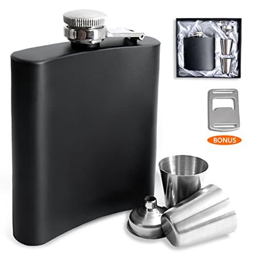 6 Oz Black Hip Flask with 2 Shot Glasses and Funnel for Liquor (Bottle Opener as Bonus)