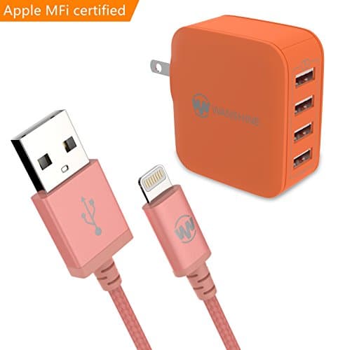 iPhone Wall Charger - 31W/6.2A, 4 Port Orange and Nylon Braided Lightning Cable, Apple MFi Certified - 3.3 Feet/1Meter, Rose Gold