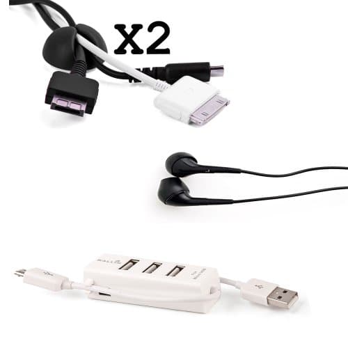 White Mobile Phone Charger USB 2.0 HUB with 3 Extra USB Ports + Miniature Mouse with Retractable Cord + x2 Black Cable Organizers + Black Universal Earbud Earphones Accessories for Apple Macbook Air MC956LL , MC966LL !