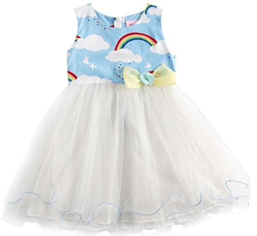 Sharequeen Kids Wedding Dress Cotton Upper Rainbow White Cloud Pattern Blue Color with Bowknot