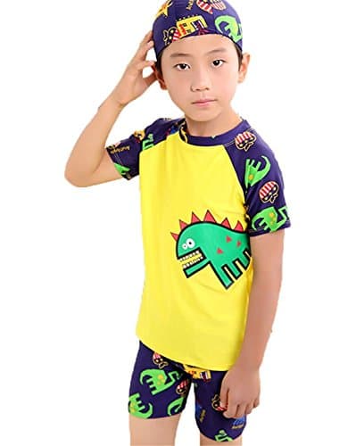 Ivan Johns Little Boys' 3-Pieces Short Sleeve Rash Guard Swimsuit Set with Swim Cap UPF 50+ Yello8-9y