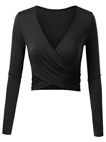 Crop Top Plus,FULVM Women's Long Sleeve Unique Cross Wrap Deep V Neck Slim Fit Crop Tops Black X-Large