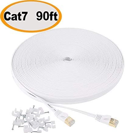 Jadaol Cat7 Ethernet Cable 90 ft - 10GB fastest Shielded (STP) Computer Internet Cable - Flat Lan Network Cable With Snagless Rj45 Connectors – White