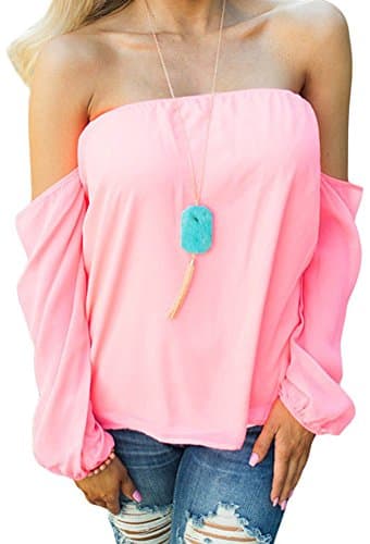 PEGGYNCO Women's Pink Off Shoulder Cotton Blouse Solid Loose Stylish Tops