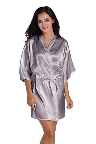 SIMJOY Women's Satin Short Kimono Robe Plain Dressing Gown Bathrobe Bridal Party Robe, Grey, Medium