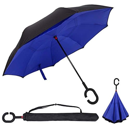 Double Layer Inverted Umbrella Cars Reverse folding Umbrella Windproof UV Protection Big Straight Umbrella for Car Rain &Sun Outdoor With C-Shaped Handle Travel Umbrella (Dark Blue)