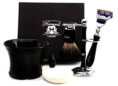 Five Piece Shaving set in Black for Men's. The set includes Pure Black Badger Hair, Gillette Fusion Razor, Shaving Mug, Shaving Brush Stand/Holder and shaving soap). Perfect as a Gift.