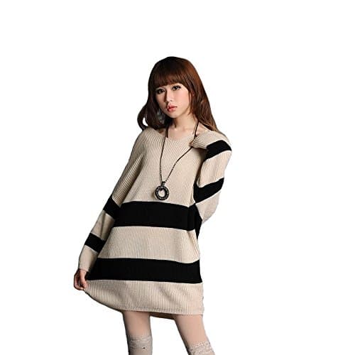 Striped Sweater Womens Long Bat Sleeve V-Neck Pullover(Beige Black)