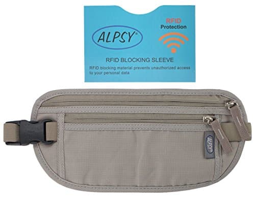 Alpsy Money Belt w/ RFID-Blocking Sleeve, Secure Travel Wallet Waist Pouch Gray