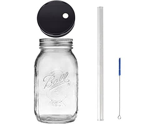 Mason Drinking Jar with Glass Straw, 1 Lid and Straw Cleaner- 32oz Bundle (black)
